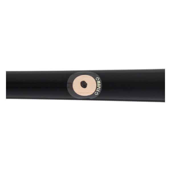 Close-up of a black baseball bat with a circular light wood plug labeled MAPLE and a leaf icon.