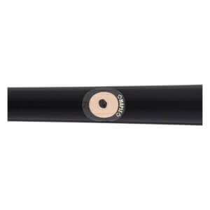 Close-up of a black baseball bat with a circular light wood plug labeled MAPLE and a leaf icon.