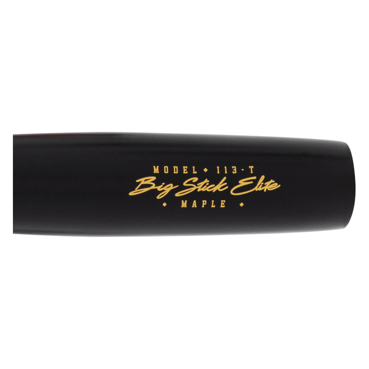 Close-up of a black baseball bat barrel with gold MODEL 113-T Big Stick Elite MAPLE lettering.