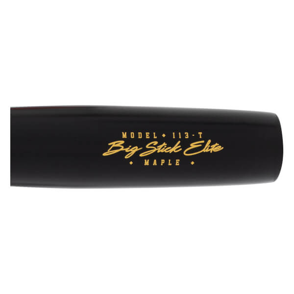Close-up of a black baseball bat barrel with gold MODEL 113-T Big Stick Elite MAPLE lettering.