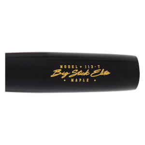 Close-up of a black baseball bat barrel with gold MODEL 113-T Big Stick Elite MAPLE lettering.