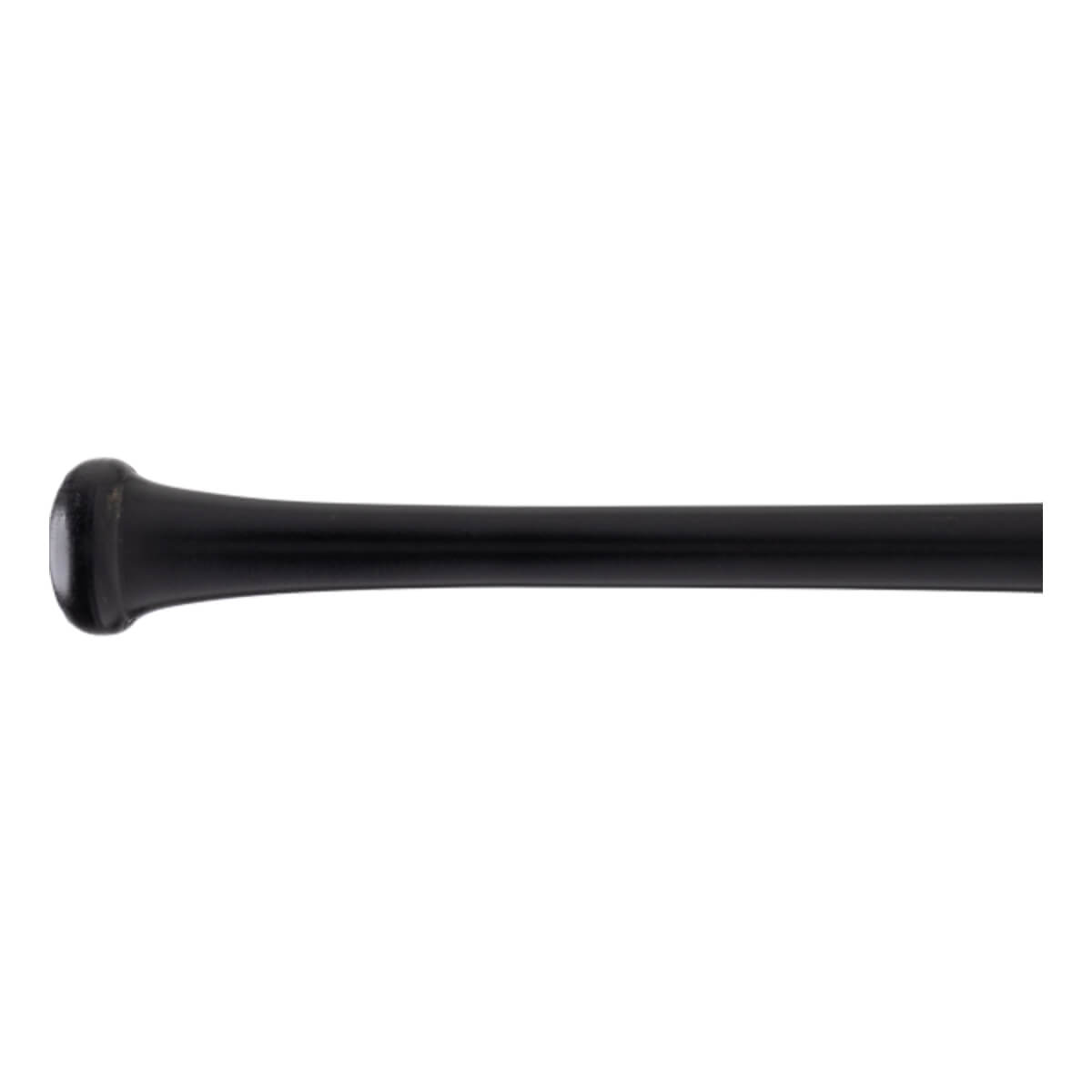 Side view of a black baseball bat with a prominent knob, tapered handle, and smooth finish.