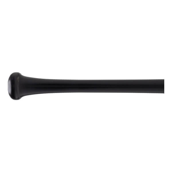 Side view of a black baseball bat with a prominent knob, tapered handle, and smooth finish.