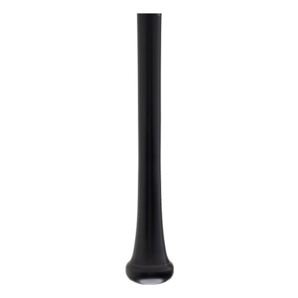 Bottom view of a black baseball bat with a tapered handle and a rounded knob.