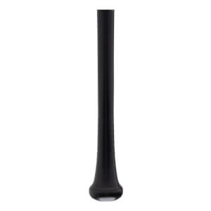 Bottom view of a black baseball bat with a tapered handle and a rounded knob.