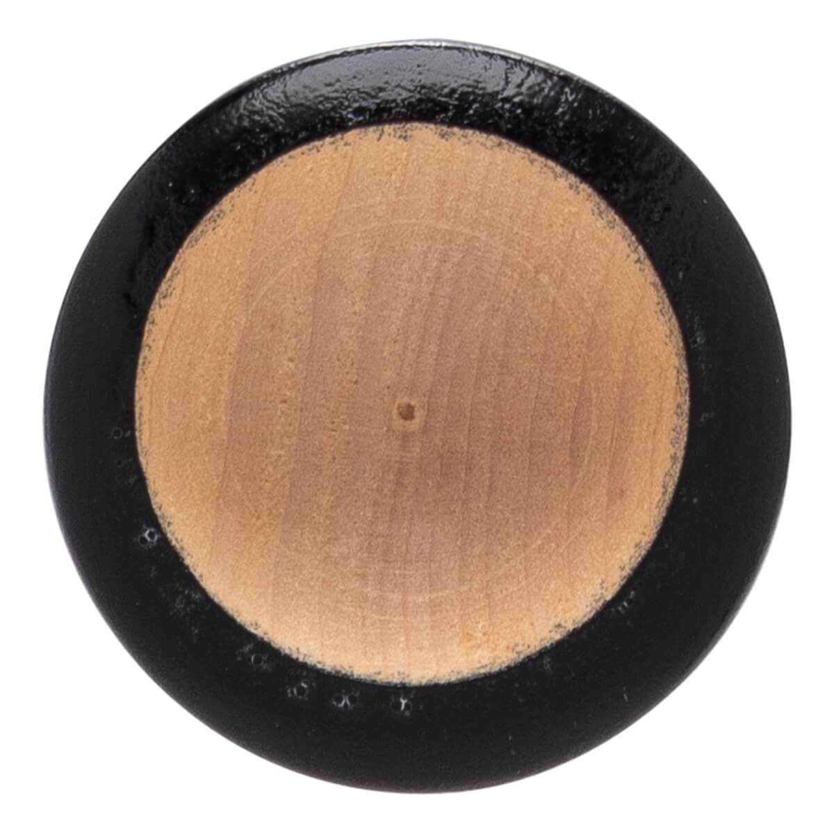 Top-down view of a baseball bat with a circular end, glossy black rim, natural wood grain center, and small central indentation.