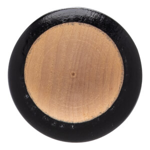 Top-down view of a baseball bat with a circular end, glossy black rim, natural wood grain center, and small central indentation.