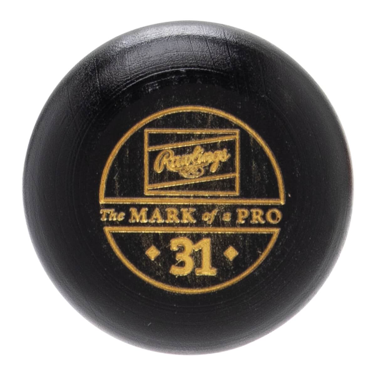Close-up of a black baseball bat knob with a gold Rawlings logo, The MARK of a PRO text, and the number 31.
