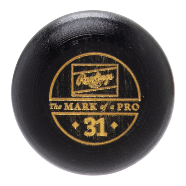 Close-up of a black baseball bat knob with a gold Rawlings logo, The MARK of a PRO text, and the number 31.