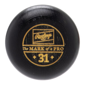 Close-up of a black baseball bat knob with a gold Rawlings logo, The MARK of a PRO text, and the number 31.