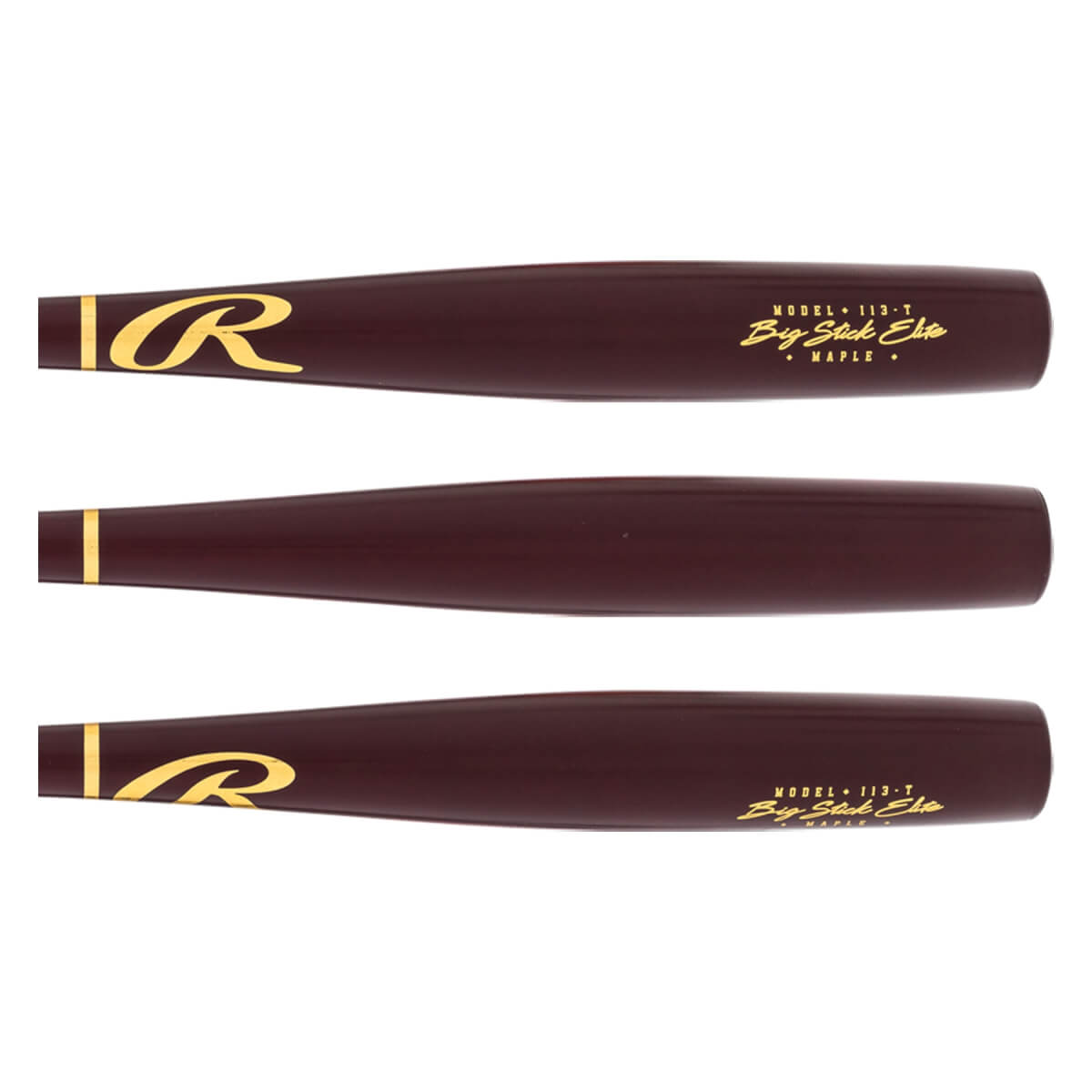 Three side views of a dark brown baseball bat with gold Rawlings R logo and Big Stick Elite MAPLE text.