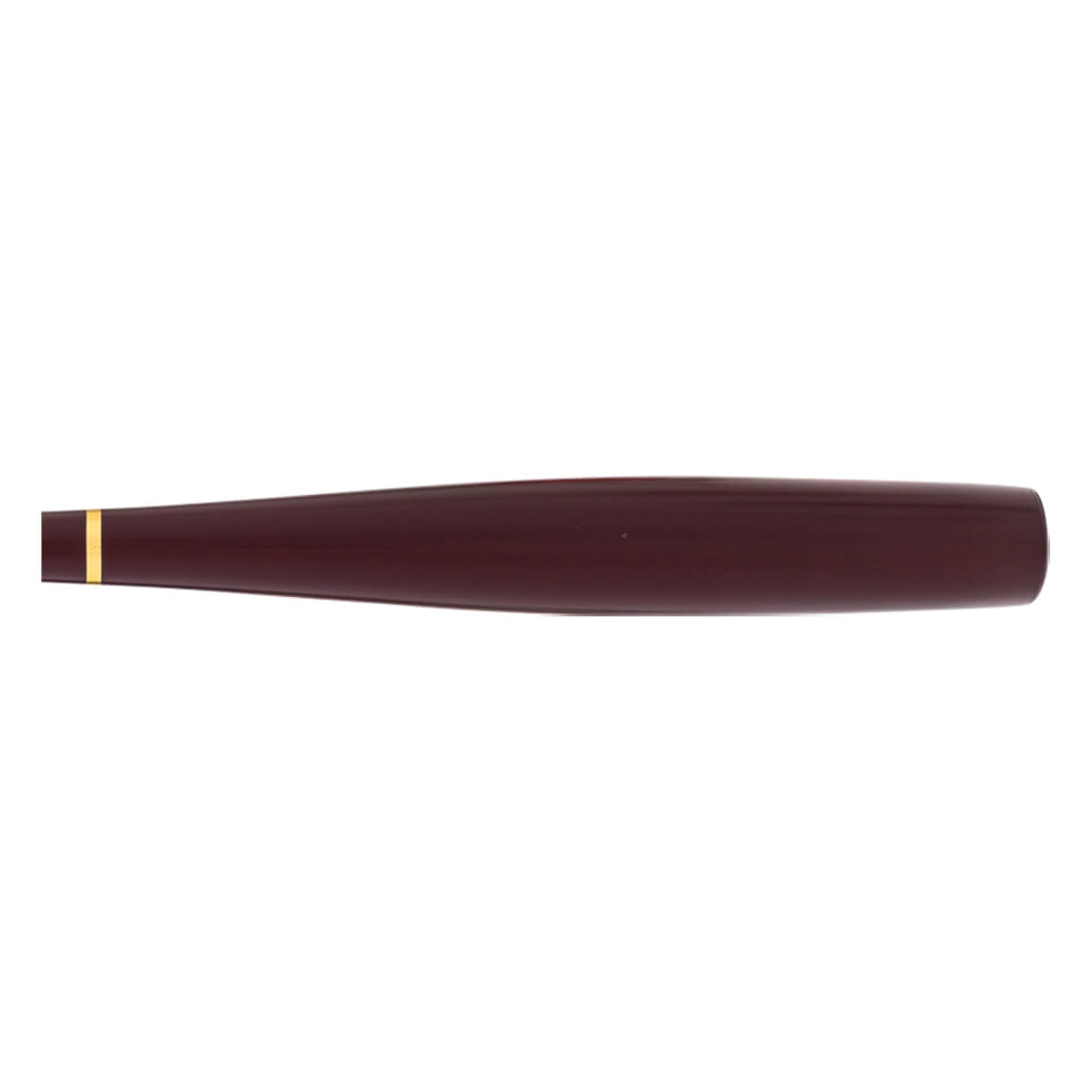 Central view of a maroon baseball bat with a gold band on the left and a smooth, slightly tapered body.