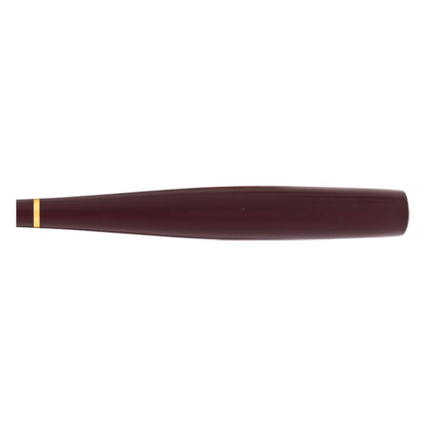 Central view of a maroon baseball bat with a gold band on the left and a smooth, slightly tapered body.