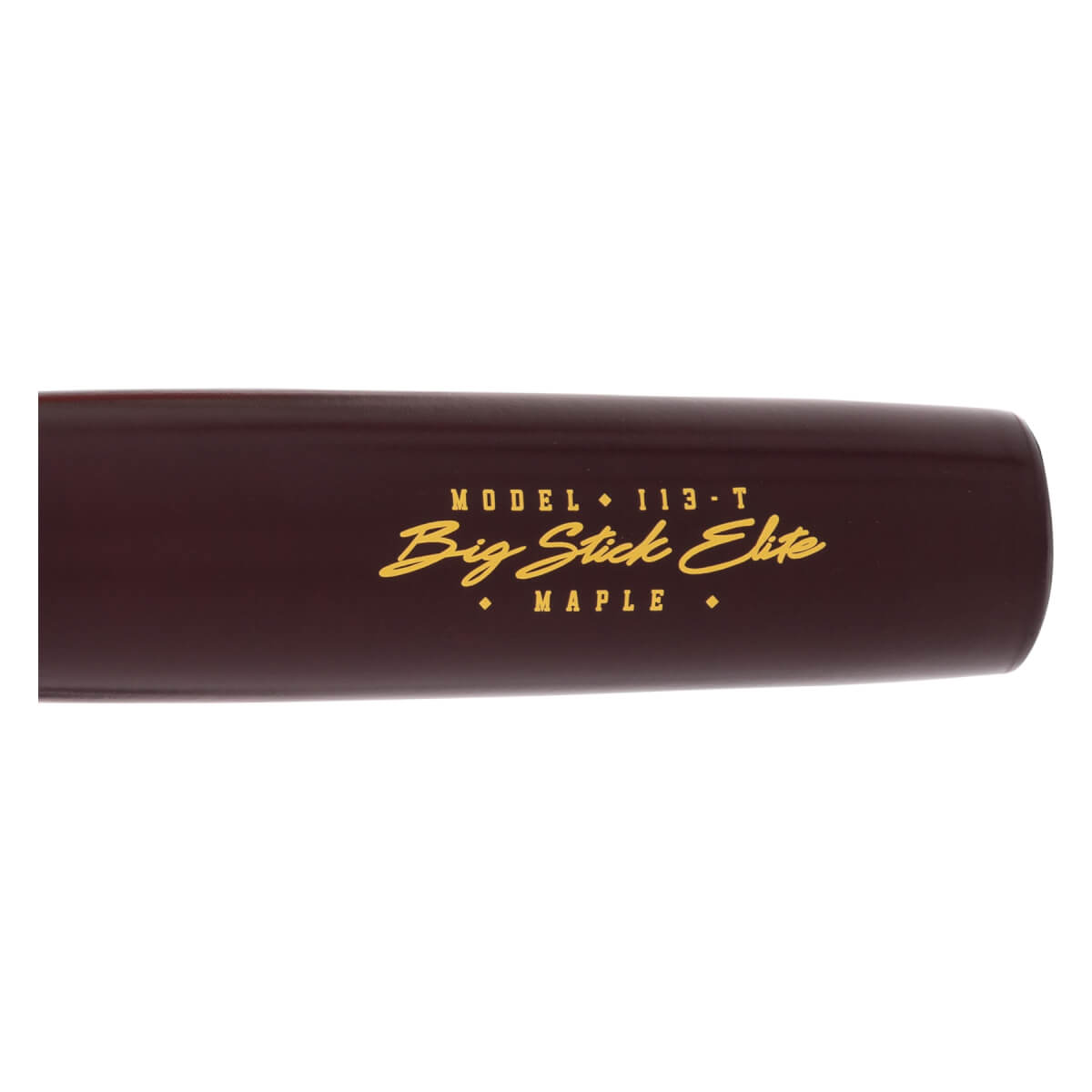 Close-up side view of a dark maroon baseball bat barrel with gold Big Stick Elite branding and MAPLE text.