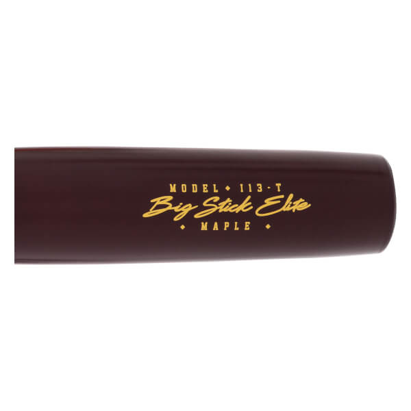 Close-up side view of a dark maroon baseball bat barrel with gold Big Stick Elite branding and MAPLE text.