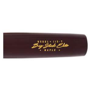 Close-up side view of a dark maroon baseball bat barrel with gold Big Stick Elite branding and MAPLE text.