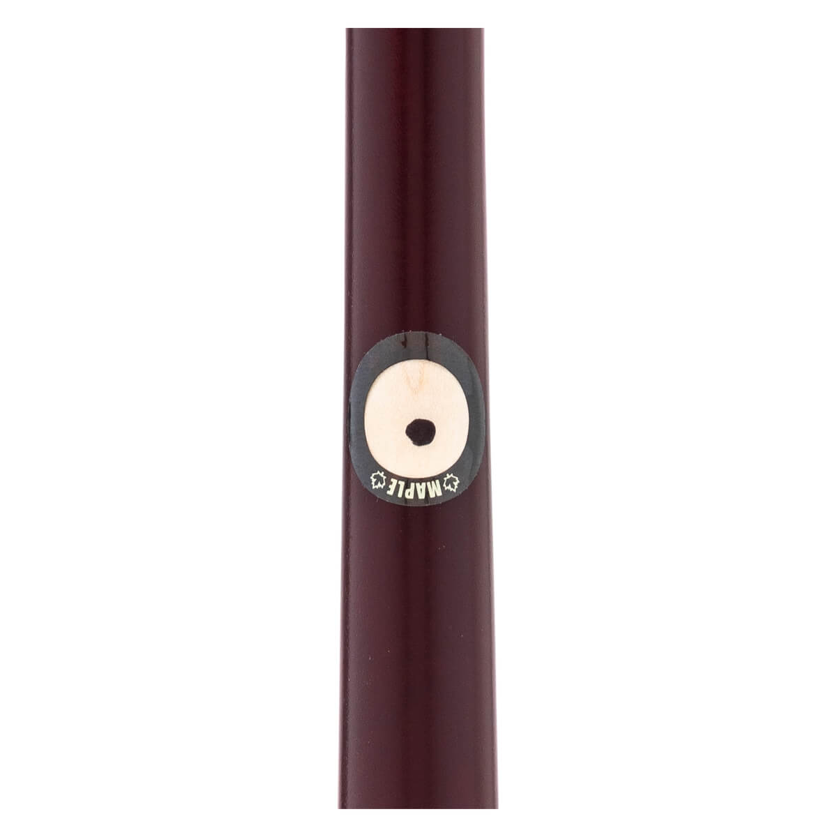 Close-up of a dark reddish-brown maple wood baseball bat with a circular MAPLE label and a central black dot.