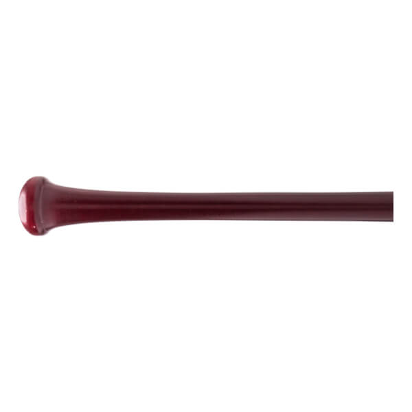 Side view of a burgundy baseball bat with a rounded knob and glossy finish.