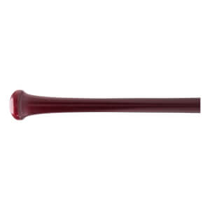 Side view of a burgundy baseball bat with a rounded knob and glossy finish.