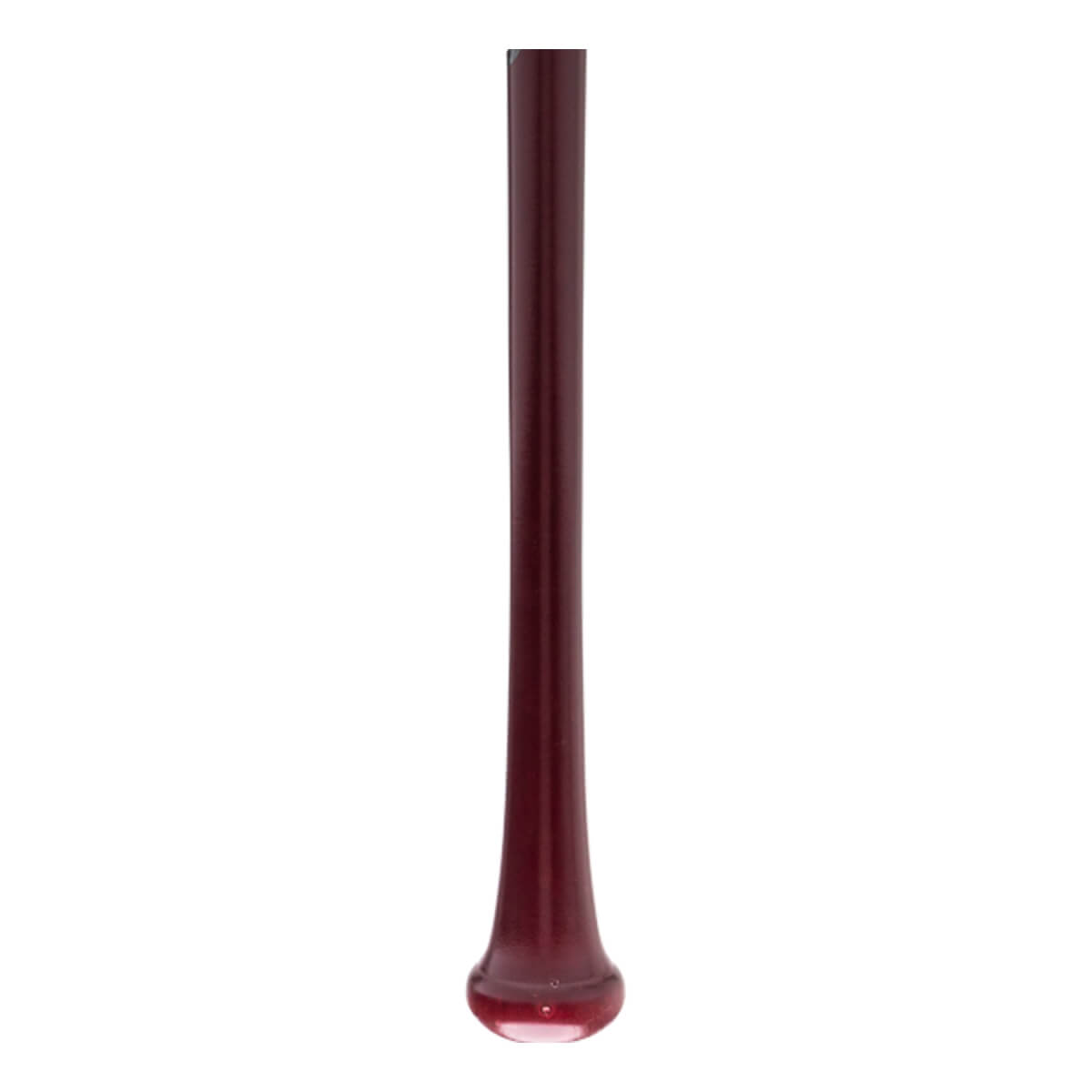 Vertical view of a glossy burgundy baseball bat with a tapering profile and a rounded knob.