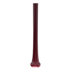 Vertical view of a glossy burgundy baseball bat with a tapering profile and a rounded knob.