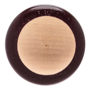 End view of a dark brown and light wood baseball bat with a glossy outer ring and natural wood grain.