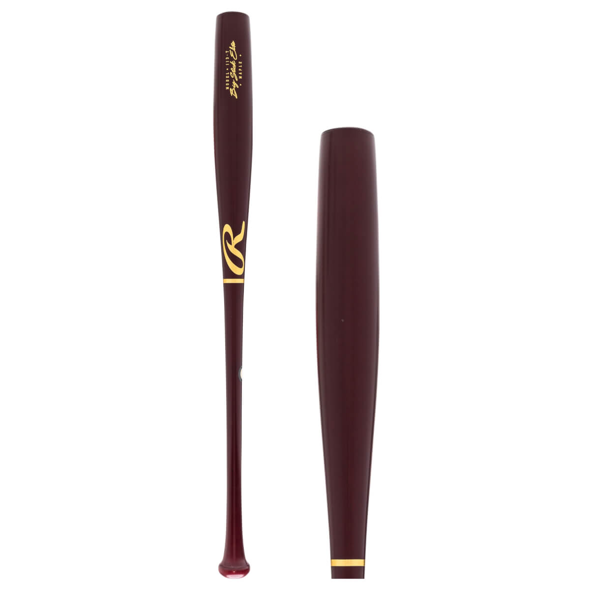 Full view of a maroon baseball bat with gold Rawlings logo and Big Stick Elite text, shown next to its barrel with a gold ring.