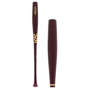 Full view of a maroon baseball bat with gold Rawlings logo and Big Stick Elite text, shown next to its barrel with a gold ring.