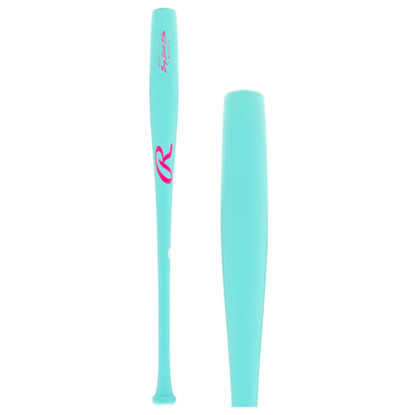Full view of a light blue baseball bat with pink Rawlings logo and Big Stick Elite text, and a detail of its smooth barrel.