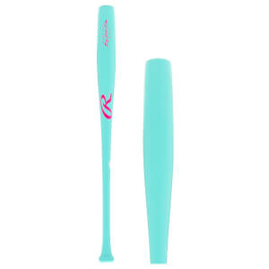 Full view of a light blue baseball bat with pink Rawlings logo and Big Stick Elite text, and a detail of its smooth barrel.