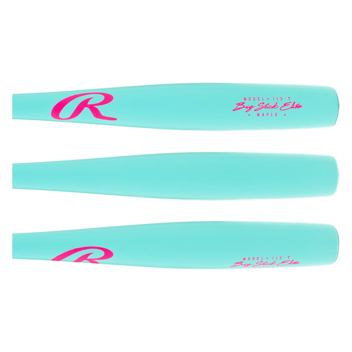 Composite view of a light blue baseball bat with a pink R logo, Big Stick Elite, and Maple text.