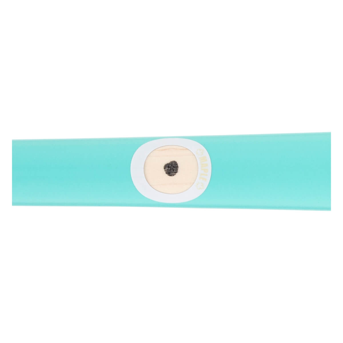 Close-up of a light blue baseball bat showing a black ink dot on light wood through a white circular sticker with MAPLE text.