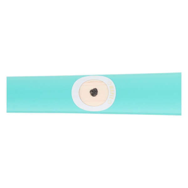 Close-up of a light blue baseball bat showing a black ink dot on light wood through a white circular sticker with MAPLE text.