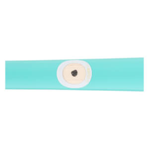 Close-up of a light blue baseball bat showing a black ink dot on light wood through a white circular sticker with MAPLE text.