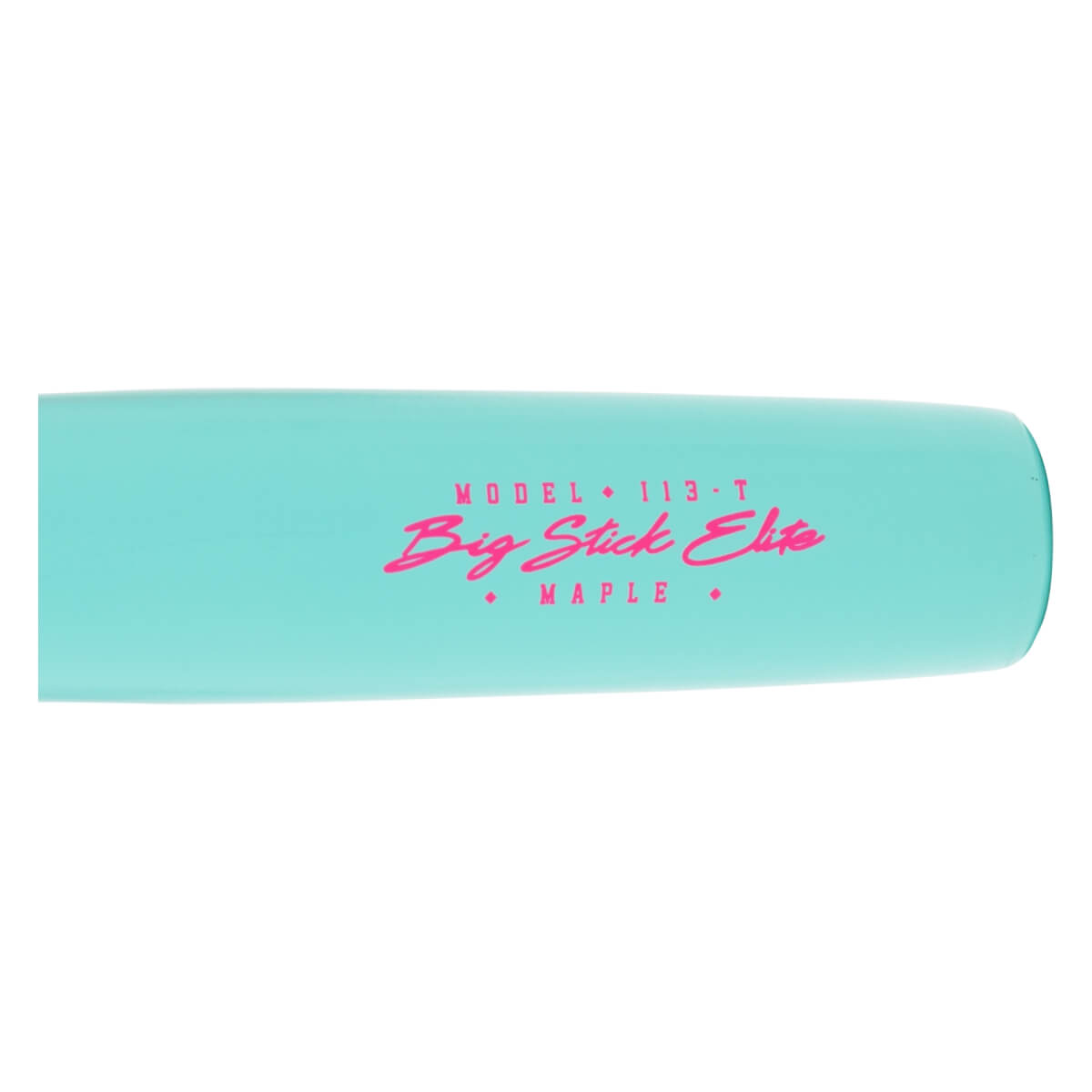 Close-up of a light blue baseball bat with pink MODEL 113-T, Big Stick Elite, and MAPLE text.