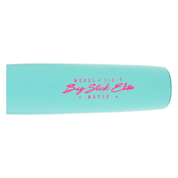 Close-up of a light blue baseball bat with pink MODEL 113-T, Big Stick Elite, and MAPLE text.