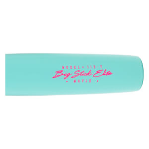 Close-up of a light blue baseball bat with pink MODEL 113-T, Big Stick Elite, and MAPLE text.