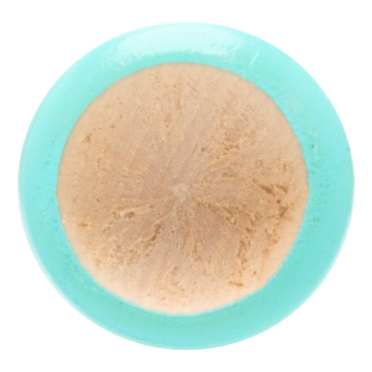 End view of a light brown and turquoise baseball bat with a circular wood grain pattern and a turquoise outer ring.