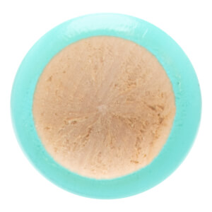End view of a light brown and turquoise baseball bat with a circular wood grain pattern and a turquoise outer ring.