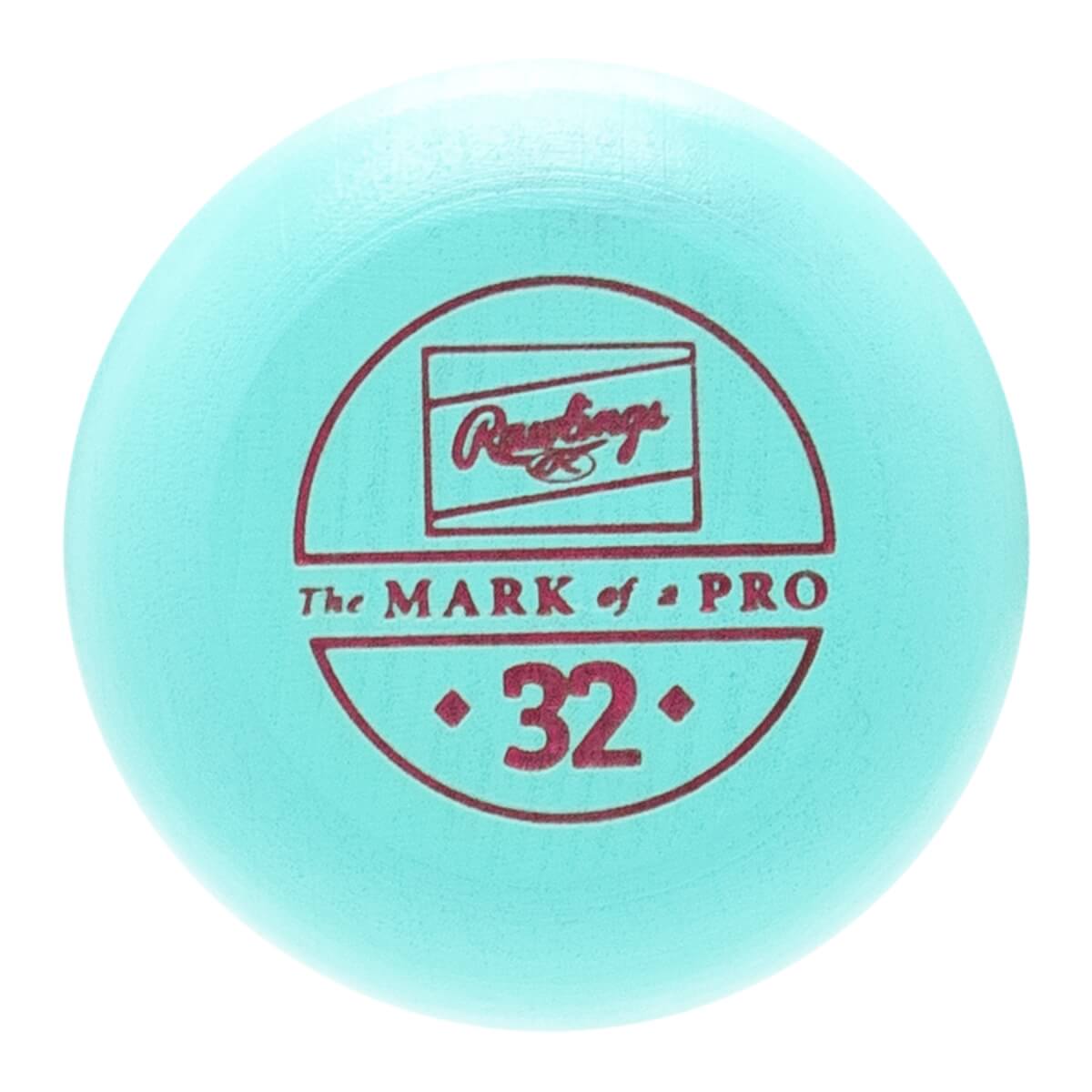 Close-up of the light blue baseball bat end with a red Rawlings logo, THE MARK of a PRO, and number 32.
