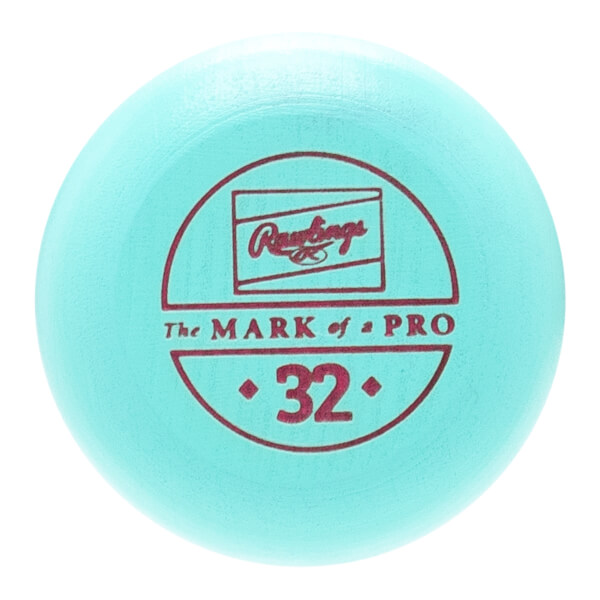 Close-up of the light blue baseball bat end with a red Rawlings logo, THE MARK of a PRO, and number 32.