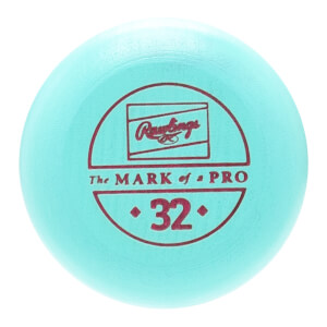 Close-up of the light blue baseball bat end with a red Rawlings logo, THE MARK of a PRO, and number 32.