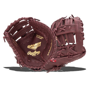 Front view of a maroon Rawlings Gamer Series baseball glove with gold lettering and "12 1/4 inch" visible.