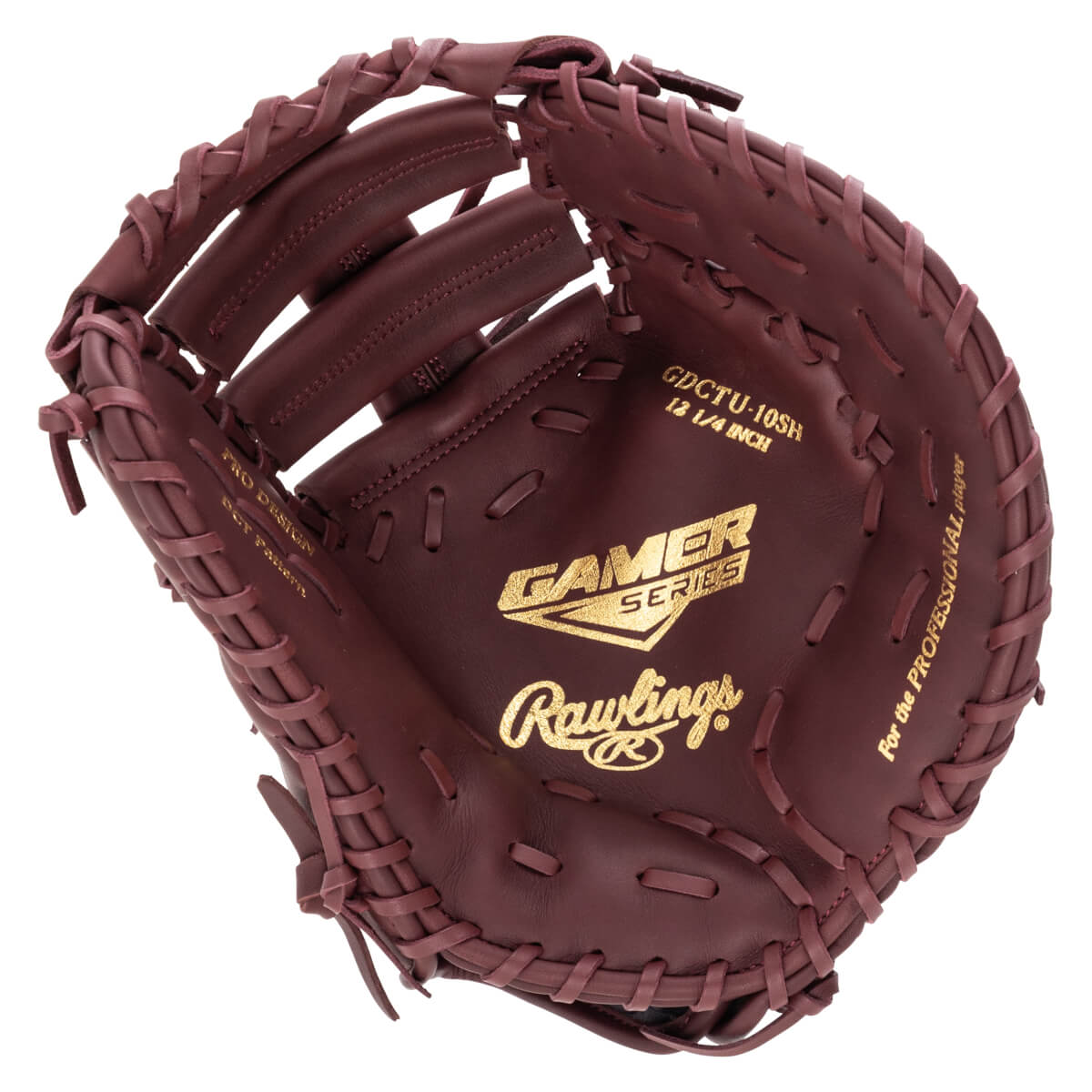 Top-down view of a maroon baseball glove with gold "GAMER SERIES" and "Rawlings" logos.