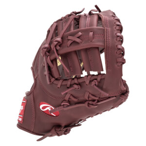 Side view of a maroon baseball glove with a red Rawlings logo and "EST. 1887" visible.