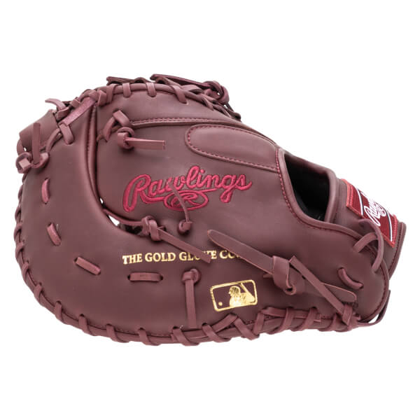 Front view of a maroon baseball glove with "Rawlings" embroidered in red and a gold MLB logo.