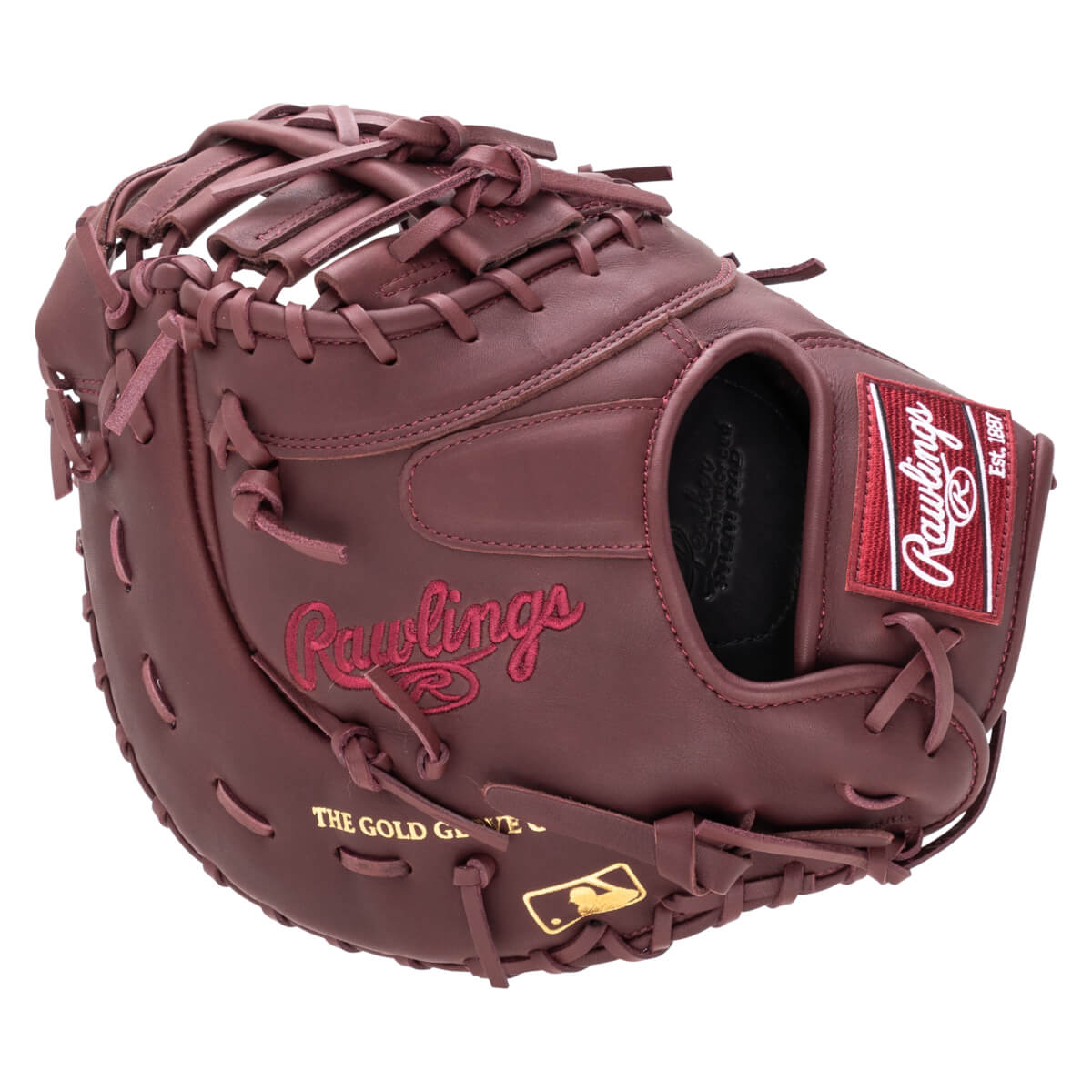 Front view of a maroon baseball glove with "Rawlings" embroidered in script and a red Rawlings patch.