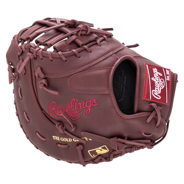 Front view of a maroon baseball glove with "Rawlings" embroidered in script and a red Rawlings patch.