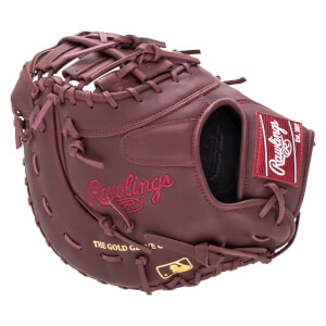 Front view of a maroon baseball glove with "Rawlings" embroidered in script and a red Rawlings patch.