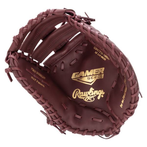 Top-down view of a maroon baseball glove with gold "Gamer Series" and "Rawlings" logos.